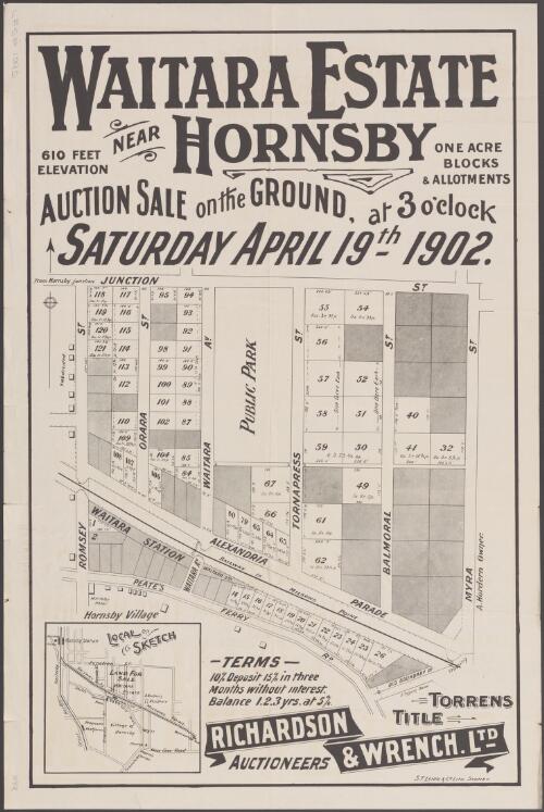 Waitara Estate near Hornsby [cartographic material] : 610 feet elevation : one acre blocks & allotments : auction sale on the ground, at 3 o'clock, Saturday April 19th. 1902 / Richardson & Wrench. Ltd. auctioneers
