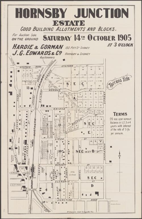 Hornsby Junction Estate [cartographic material] : good building allotments and blocks : for auction sale on the ground, Saturday 14th. October 1905 at 3 o'clock / Hardie & Gorman 133 Pitt St. Sydney, J.G. Edwards & Co. Hornsby & Sydney, auctioneers