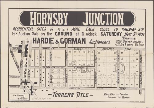 Hornsby Junction [cartographic material] : residential sites 1/4, 1/2 and 1 acre each, close to railway stn. : for auction sale on the ground at 3 o'clock Saturday Novr. 5th 1898 / Hardie & Gorman , auctioneers