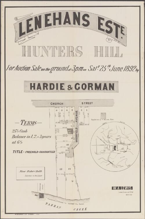 Lenehans Este., Hunters Hill [cartographic material] / for auction sale on the ground at 3 p.m on Saty. 25th June 1892 ; by Hardie & Gorman