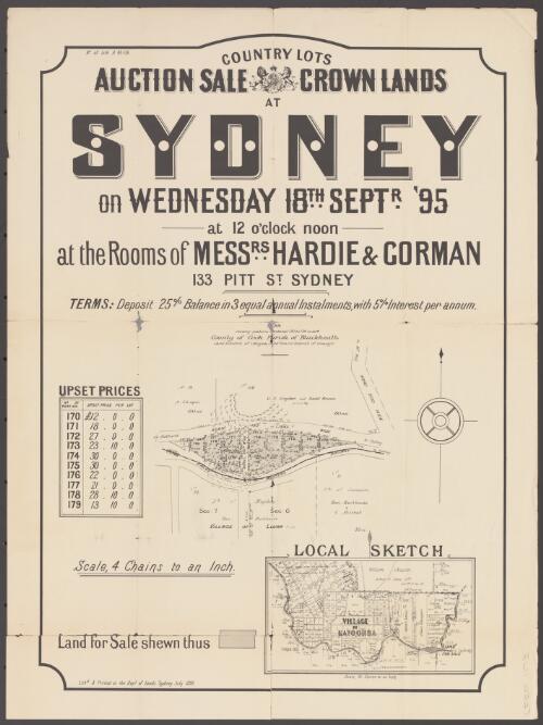 Country lots, auction sale, Crown lands at Sydney [cartographic material] / on Wednesday 18th Septr. '95 at 12 o'clock noon at the rooms of Messrs Hardie & Gorman, 133 Pitt St., Sydney