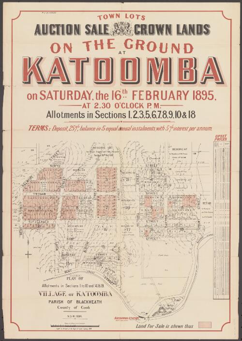 Town lots, auction sale, Crown lands, on the ground at Katoomba [cartographic material] / on Saturday, the 16th February 1895, at 2.30 o'clock p.m. : allotments in sections 1, 2, 3, 4, 5, 6, 7, 8, 9, 10 & 18