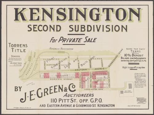 Kensington [cartographic material] : second subdivision : for private sale / by J.E. Green & Co. auctioneers, 110 Pitt St. opp. G.P.O., and Eastern Avenue & Goodwood St., Kensington