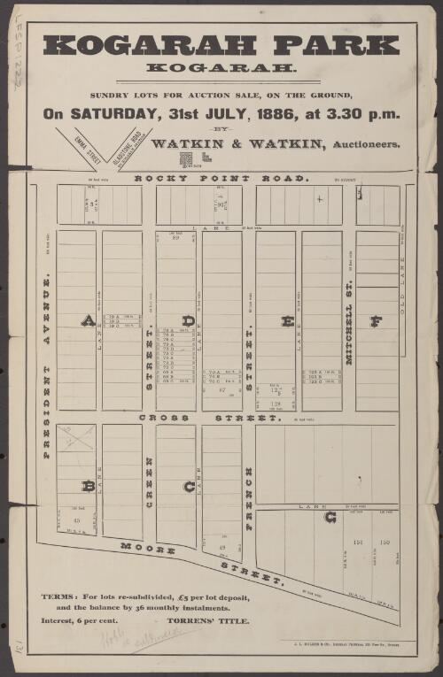 Kogarah Park, Kogarah [cartographic material]  / sundry lots for auction sale, on the ground, 31st July, 1886, at 3.30 p.m. ; by Watkin & Watkin, auctioneers