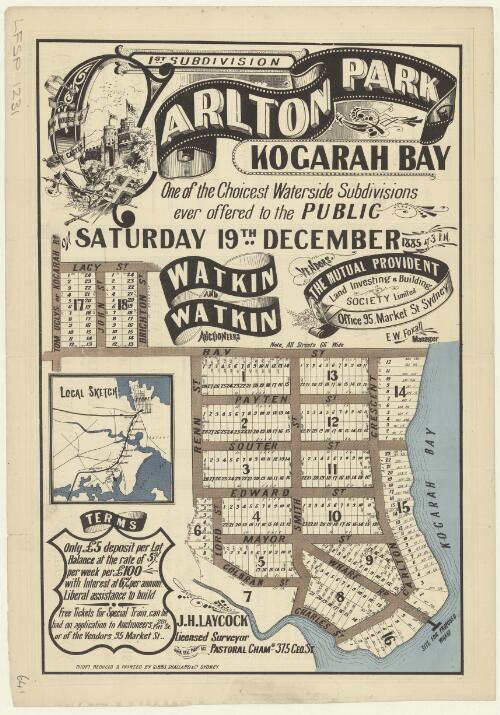 Carlton Park, Kogarah Bay [cartographic material] : 1st subdivision / one of the choicest waterside subdivisions ever offered to the public on Saturday 19th December 1885 at 3 p.m., Watkin and Watkin auctioneers
