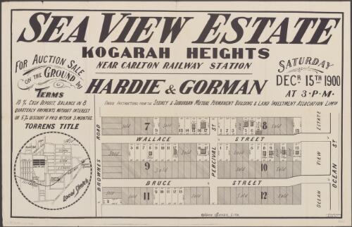 Sea View Estate, Kogarah Heights [cartographic material] : near Carlton Railway Station / for auction sale on the ground by Hardie & Gorman, Saturday, Decr. 15th 1900 at 3 p.m. ; under instructions from the Sydney & Suburban Mutual Permanent Building & Land Investment Association Limtd