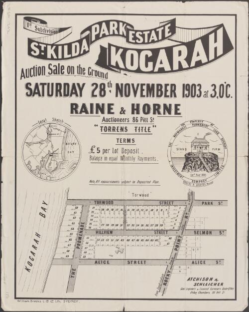 St. Kilda Park Estate, Kogarah, 1st subdivision [cartographic material] / auction sale on the ground, Saturday, 28th November, 1903 at 3 o'c. ; Raine & Horne, auctioneers, 86 Pitt Street