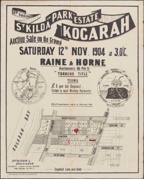 St. Kilda Park Estate, Kogarah, 2nd subdivision [cartographic material] / auction sale on the ground, Saturday 12th Nov. 1904 at 3 o'c. ; Raine & Horne, auctioneers, 86 Pitt Street
