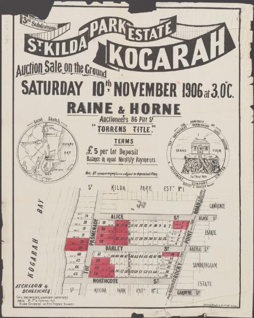 St. Kilda Park Estate, Kogarah, 3rd subdivision [cartographic material] / auction sale on the ground, Saturday 10th November 1906 at 3 o'c. ; Raine & Horne, auctioneers, 86 Pitt Street