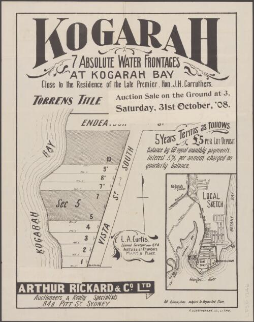 Kogarah, 7 absolute water frontages, at Kogarah Bay [cartographic material] : close to the residence of the late Premier Hon. J.H. Carruthers / auction sale on the ground at 3, Saturday, 31st October, '08 ; Arthur Rickard & Co. Ltd., auctioneers & realty specialists, 84b Pitt St., Sydney