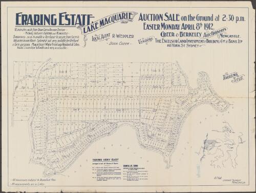 Eraring Estate, Lake Macquarie [cartographic material] : auction sale on the ground at 2.30 p.m., Easter Monday April 8th 1912 / Creer & Berkeley, Auctioneers, Newcastle