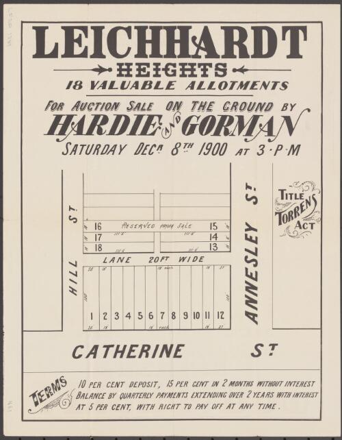 Leichhardt Heights [cartographic material] : 18 valuable allotments for auction sale on the ground / by Hardie and Gorman, Saturday Decr. 8th 1900 at 3 p.m