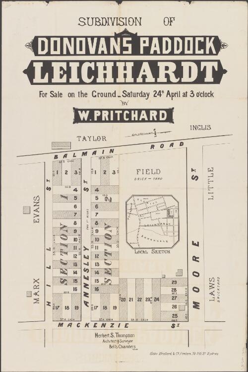 Subdivision of Donovans paddock, Leichhardt [cartographic material] : for sale on the ground, Saturday 24th April at 3 o'clock / by W. Pritchard