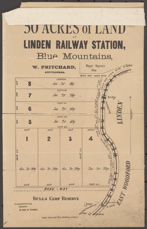 50 acres of land at Linden Railway Station, Blue Mountains [cartographic material] / W. Pritchard, Auctioneer