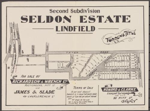 Second Subdivision, Seldon Estate, Lindfield [cartographic material] / for sale by Richardson & Wrench Ltd., Auctioneers, Pitt St. and James & Slade, 49 Castlereagh St