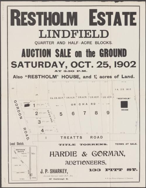 Restholm Estate, Lindfield [cartographic material] : quarter and half-acre blocks : auction sale on the ground, Saturday, Oct. 25, 1902 at 3.30 p.m. : also "Restholm" House, and 1 1/2 acres of land / by Hardie & Gorman, Auctioneers, 133 Pitt St