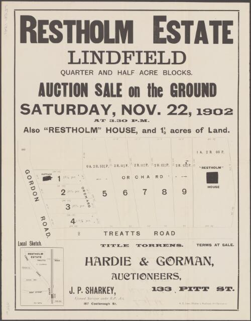 Restholm Estate, Lindfield [cartographic material] : quarter and half-acre blocks : auction sale on the ground, Saturday, Nov. 22, 1902 at 3.30 p.m. : also "Restholm" House, and 1 1/2 acres of land / Hardie & Gorman, Auctioneers, 133 Pitt St