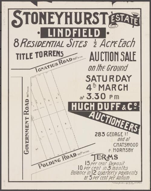 Stoneyhurst Estate, Lindfield [cartographic material] : auction sale on the ground Saturday 4th March at 3.30 p m / Hugh Duff & Co., Auctioneers, 283 George St. and at Chatswood & Hornsby