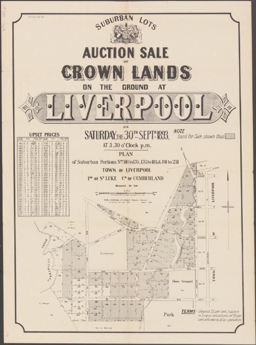Suburban lots auction sale of Crown lands on the ground at Liverpool [cartographic material] : on Saturday, the 30th Septr. 1893, at 3 .30 o'clock p.m. ; Plan of suburban portions nos. 140 to 170, 176 to 183, & 191 to 231, town of Liverpool, Ph of St Luke, Co. of Cumberland / compiled, drawn and printed at the Department of Lands, Sydney N.S.W. August 1893