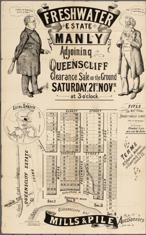 Freshwater estate, Manly, adjoining Queenscliff [cartographic material] / clearance sale on the ground, Saturday 21st Novr. at 3 o'clock, Mills & Pile, auctioneers