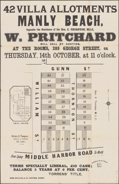 42 villa allotments, Manly Beach, opposite the residence of the Hon. C. Thornton, M.L.C. [cartographic material]: will sell by auction, at the rooms, 289 George Street, on Thursday, 14th October, at 11 o'clock / W. Pritchard