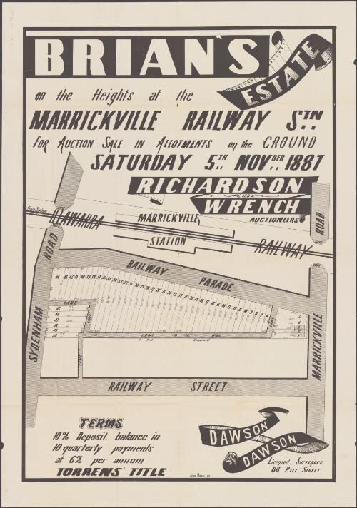 Brian's Estate, on the Heights at the Marrickville Railway Stn. [cartographic material] : for auction sale in allotments on the ground, Saturday 5th Novber. 1887 / Richardson and Wrench, Auctioneers