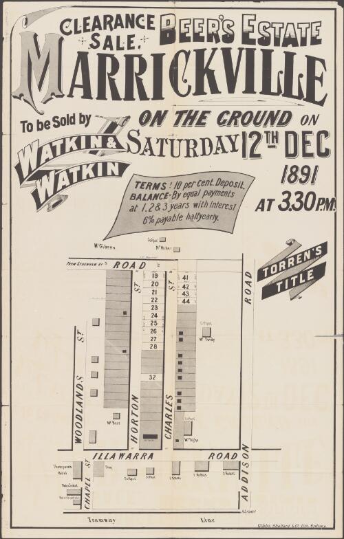 Clearance sale, Beer's Estate, Marrickville [cartographic material] / to be sold by Watkin & Watkin on the ground on Saturday 27th Dec 1891 at 3.30 p.m