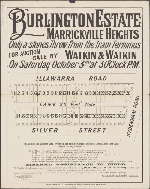 Burlington Estate, Marrickville Heights [cartographic material] : only a stones throw from the tram terminus : for auction sale / by Watkin & Watkin on Saturday October 3rd at 3 o'clock p.m