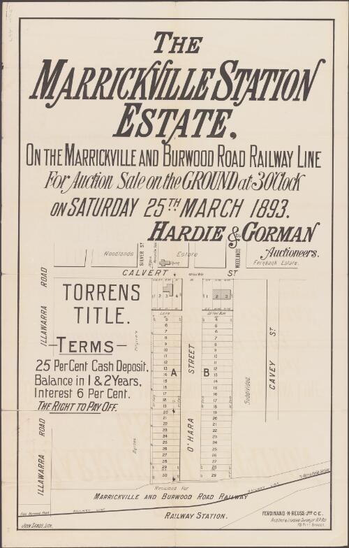 The Marrickville Station Estate [cartographic material] : on the Marrickville and Burwood Road Railway Line : for auction sale on the ground at 3 o'clock on Saturday 25th March 1893 / Hardie & Gorman, Auctioneers