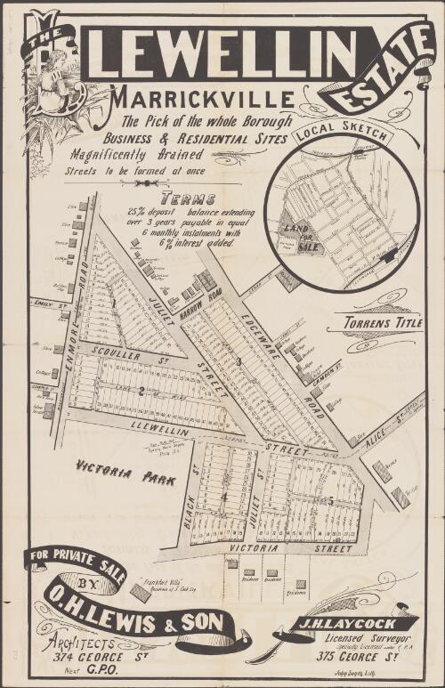 The Lewellin Estate, Marrickville [cartographic material] : the pick of the whole borough, business & residential sites, magnificently drained, streets to be formed at once : for private sale / by O.H. Lewis & Son, Architects, 374 George St, next G.P.O