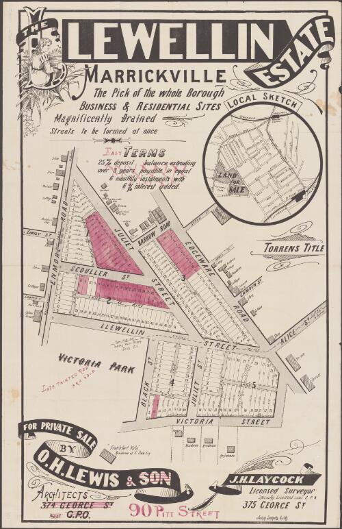 The Lewellin Estate, Marrickville [cartographic material] : the pick of the whole borough, business & residential sites, magnificently drained, streets to be formed at once : for private sale / by O.H. Lewis, Architect, 90 Pitt Street