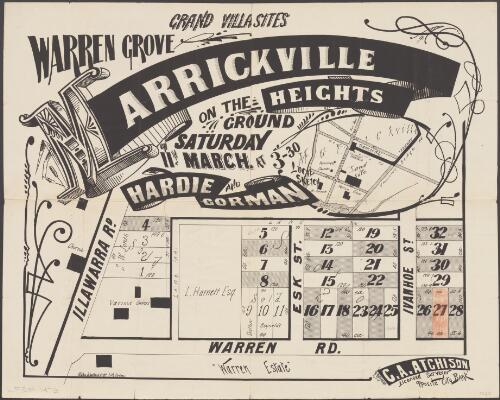 Grand villa sites, Warren Grove, Marrickville Heights [cartographic material] : on the ground on Saturday 11th March, at 3-30 / Hardie and Gorman