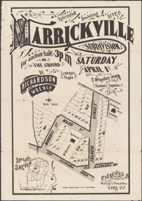 Marrickville subdivision [cartographic material] : splendid building sites / for auction sale at 3 p.m., on the ground, Saturday, April 1st ; by Richardson & Wrench