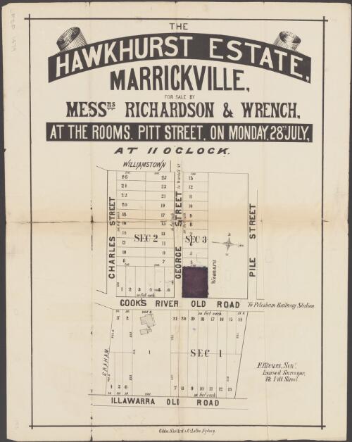 The Hawkhurst Estate, Marrickville [cartographic material] / for sale by Messrs. Richardson & Wrench, at the rooms, Pitt Street, on Monday, 28th July, at 11 o'clock