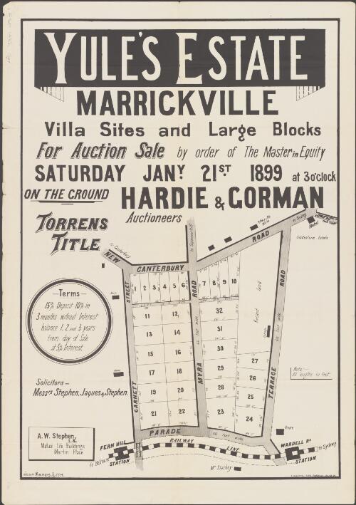 Yule's Estate, Marrickville [cartographic material] : villa sites and large blocks / for auction sale, by order of the master in equity, Saturday, Jany. 21st, 1899, at 3 o'clock, on the ground ; Hardie & Gorman, auctioneers
