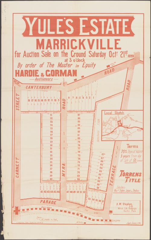 Yule's Estate, Marrickville [cartographic material] / for auction sale on the ground, Saturday, Octr. 21st, 1899, at 3 o'clock, by order of the master in equity ; Hardie & Gorman, auctioneers