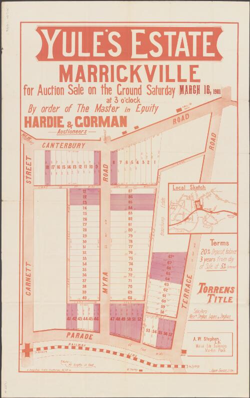 Yule's Estate, Marrickville [cartographic material] / for auction sale on the ground, Saturday, March 16, 1901, at 3 o'clock, by order of the master in equity ; Hardie & Gorman, auctioneers