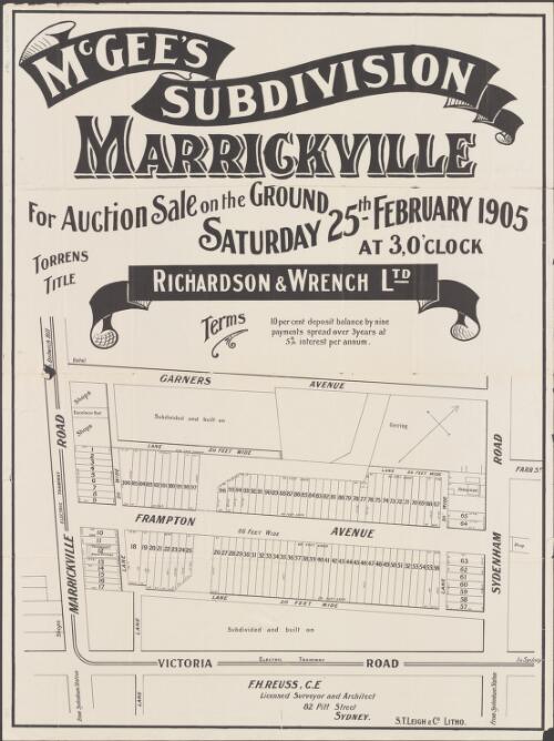 McGee's subdivision, Marrickville [cartographic material] / for auction sale on the ground, Saturday 25th February, 1905, at 3 o'clock ; Richardson & Wrench Ltd