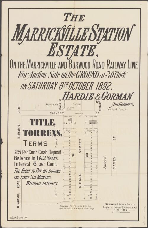 The Marrickville Station Estate [cartographic material] : on the Marrickville and Burwood Road Railway Line / for auction sale on the ground at 3 o'clock, on Saturday, 8th October, 1892 ; Hardie & Gorman, auctioneers