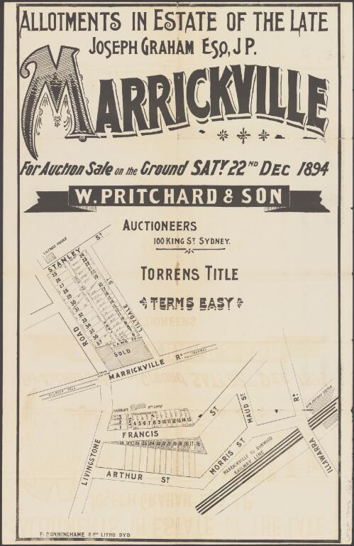 Allotments in the estate of the late Joseph Graham Esq., J.P., Marrickville [cartographic material] / for auction sale on the ground, Saty. 22nd Dec. 1894 ; W. Pritchard & Son, auctioneers, 100 King St., Sydney