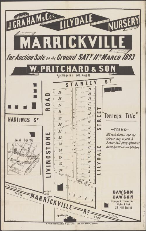 J. Graham & Cos. Lilydale Nursery, Marrickville [cartographic material] / for auction sale on the ground, Saty. 11th March 1893 ; W. Pritchard & Son, auctioneers, 100 King St