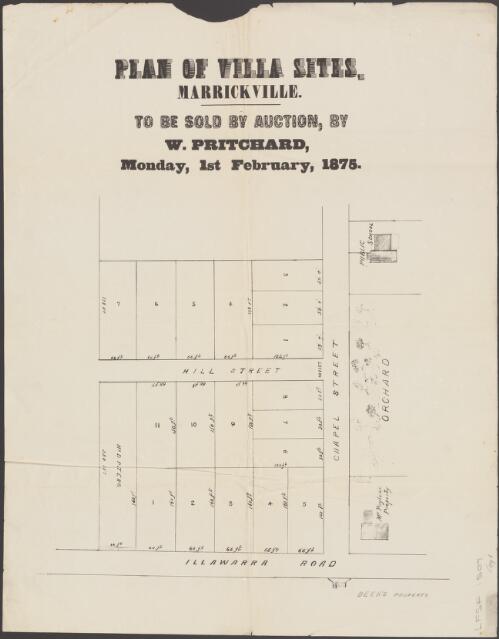 Plan of villa sites, Marrickville [cartographic material] / to be sold by auction ; by W. Pritchard, Monday, 1st February, 1875