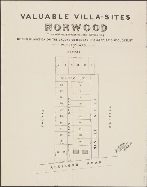 Valuable villa-sites, Norwood [cartographic material] / to be sold on account of John Neville Esq., by public auction, on the ground on Monday, 18th Jany. at 3 o'clock ; by W. Pritchard