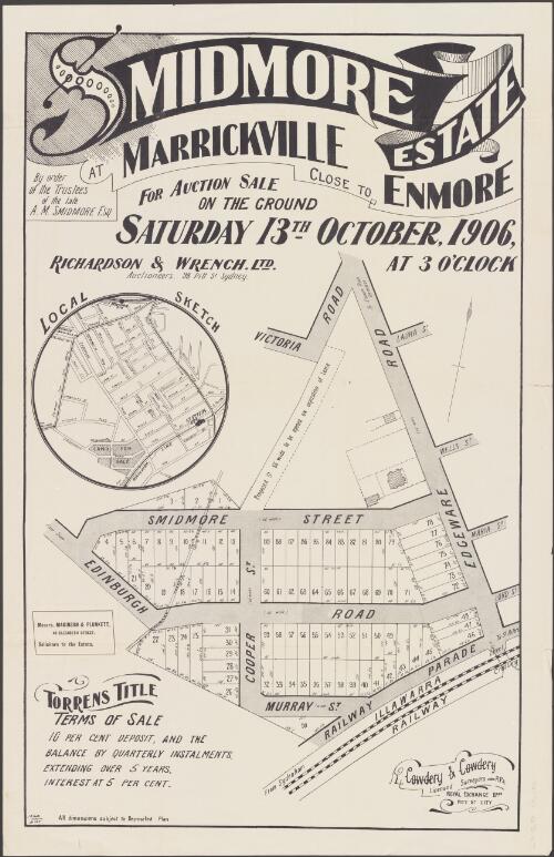 Smidmore Estate, at Marrickville [cartographic material] : close to Enmore / for auction sale, on the ground, Saturday 13th October, 1906, at 3 o'clock ; Richardson & Wrench Ltd., auctioneers, 98 Pitt St., Sydney
