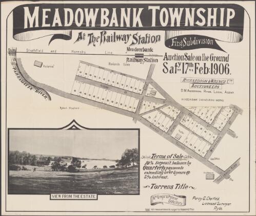Meadowbank Township, at the railway station, First Subdivision [cartographic material] : auction sale on the ground, Saty, 17th Feb:1906 / Richardson & Wrench Ltd., Auctioneers ; D.M. Anderson, Ryde, Local Agent