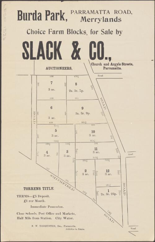 Burda Park, Merrylands [cartographic material] : choice farm blocks, for sale / by Slack & Co., Church and Argyle Streets, Parramatta