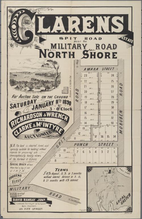 Clarens estate, Spit Road near the Military Road, North Shore [cartographic material] / for auction sale on the ground, Saturday January 11th 1890 at 3 o'clock, Richardson & Wrench and Clarke & McIntyre auctioneers in conjunction