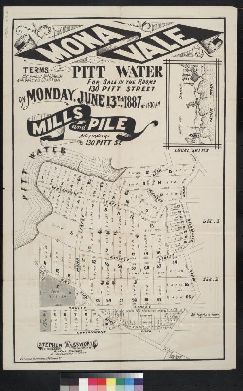 Mona Vale, Pitt Water [i.e. Pittwater] [cartographic material] / for sale in the rooms, 130 Pitt Street on Monday June 13th 1887 at 11.30 a.m., Mills and Pile, auctioneers, 130 Pitt St