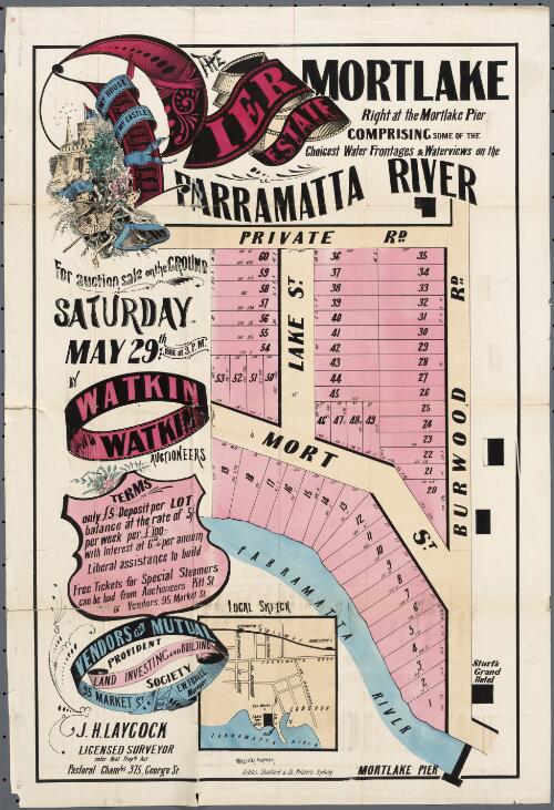 The pier estate, Mortlake [cartographic material] : right on the Mortlake Pier comprising some of the choicest water frontages & waterview on the Parramatta River / for auction sale on the ground, Saturday May 29th 1886 at 3 p.m. by Watkin and Watkin, auctioneers