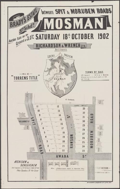 Brady's Estate, 3rd Subdn, between Spit & Moruben Roads, Mosman [cartographic material] : auction sale on the ground at 3,o'c Saturday 18th October 1902 / Richardson & Wrench, Auctioneers